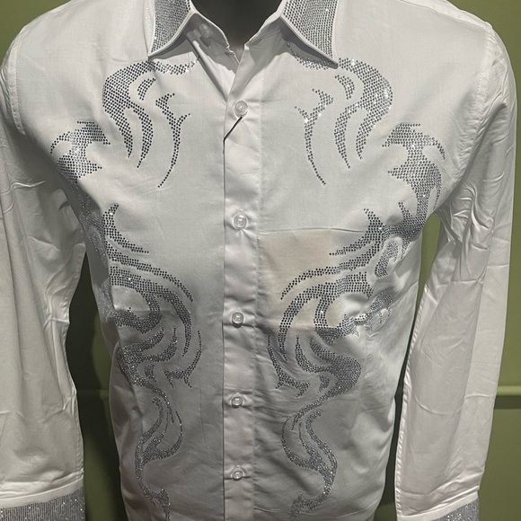 Deniko Men's White and white Embroidered Shirt rhinestone modern fit - Picture 2 of 4